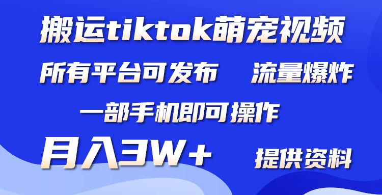 搬运Tiktok萌宠类视频,适合所有短视频平台均,月入3W+